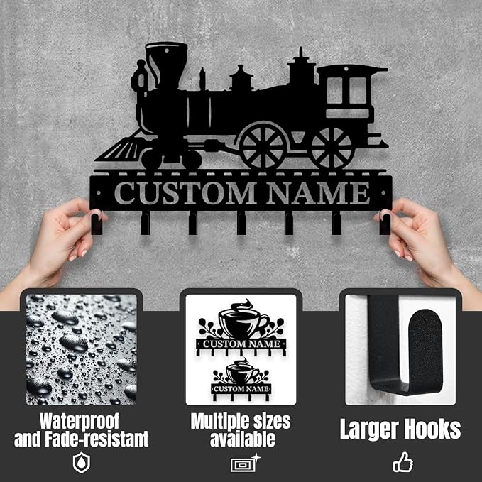 Personalized Train Metal Keys Hooks,Custom Name Metal Train Keys Hooks,Black Metal Train Wall Home Storage Decorative Keys Hooks,Key Holder Hooks for Wall (Style E)