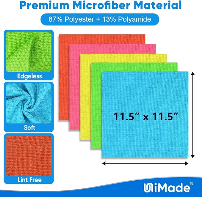 UNIMADE Microfiber Cleaning Cloth, 10 Pack Reusable Microfiber Towels for Cars Lint Free Cleaning Shop Towel Rags for Home Kitchen Automotive Bar Mechanic Restaurant Garage, 11.5"x 11.5", Multicolor