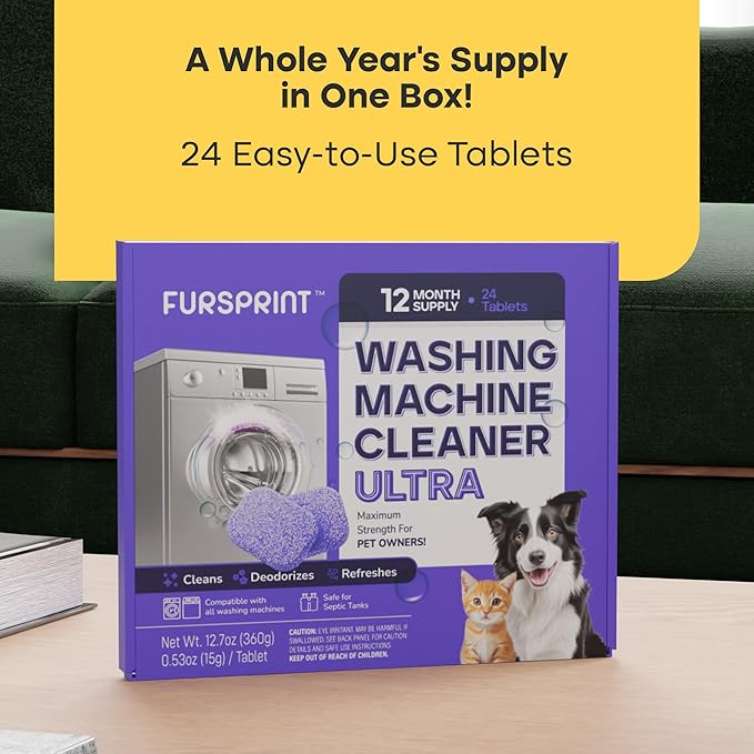 Fursprint Washing Machine Cleaner Tablets Ultra – 40% Stronger Formula: Designed for Pet Owners, Removes Residue, Grime & Odors, Compatible with HE, Top & Front Load, 24 Pack – 12 Month Supply