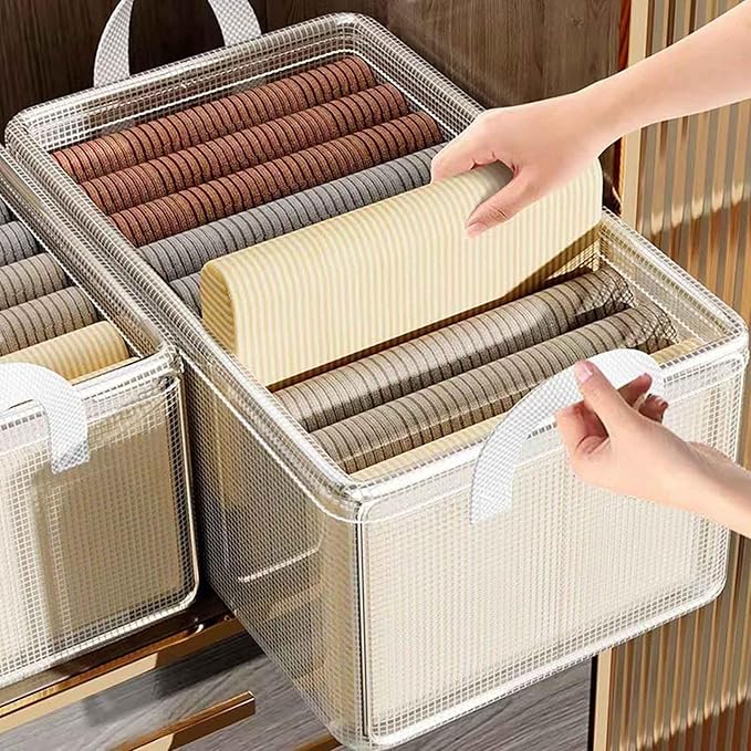 4PCS Closet Clothes Organizer Dustproof Sturdy Storage Baskets Bins 26L Foldable Shelf Containers Bin Support Boards Dust Lid Steel Frame for Sweater Pants T-shirt Dress (Clear - No Lid)