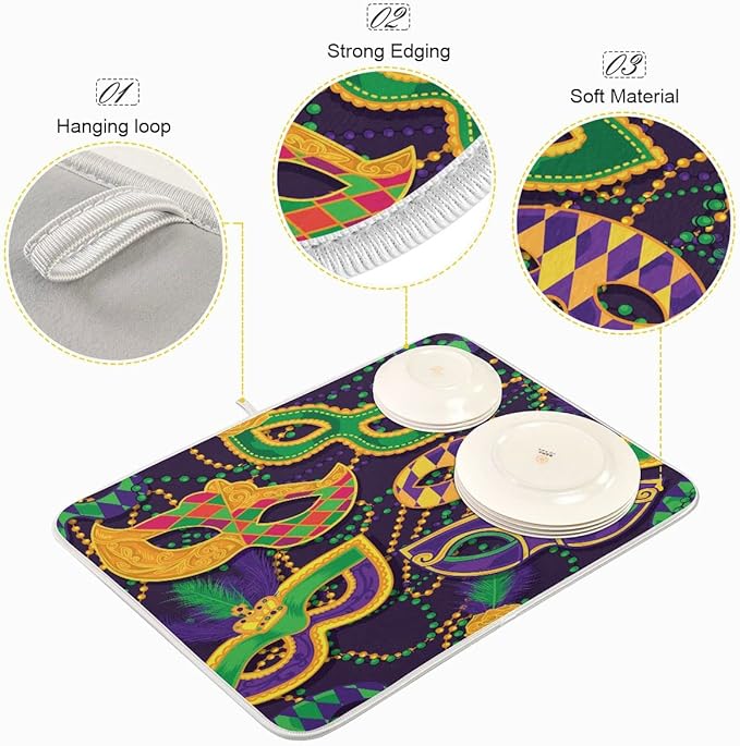 Mardi Gras Dish Drying Mat for Kitchen Mask Beads Confetti Masquerade Party Microfiber Drying Mats Absorbent Reversible Dish Pad Medium Dish Draining Mat 16x18 inch