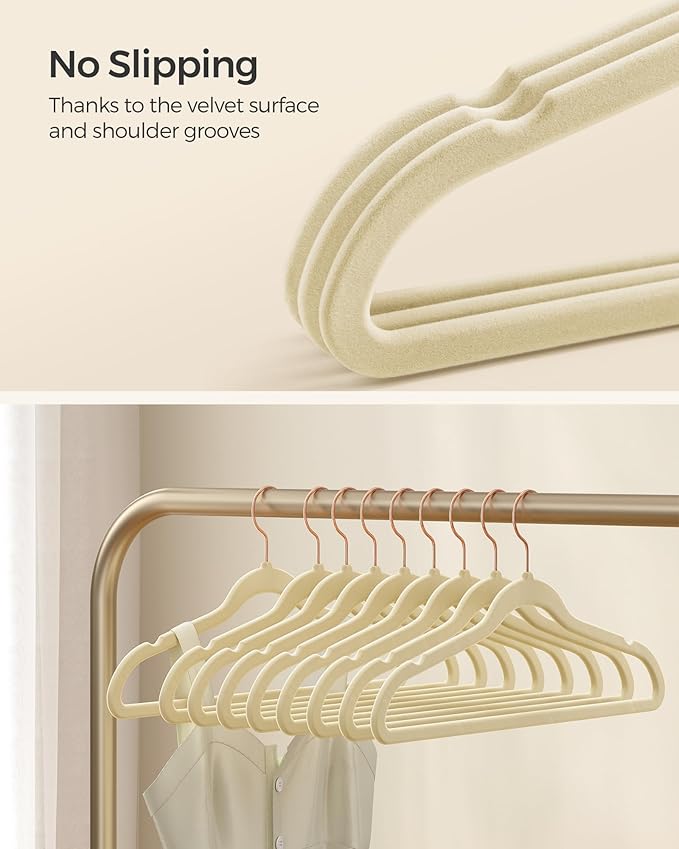 SONGMICS Slim Velvet Hangers, Non-Slip Clothes Hangers with Rose Gold Swivel Hooks, Space-Saving, for Closet, 50 Pack, Sandy Beig UCRF026K50