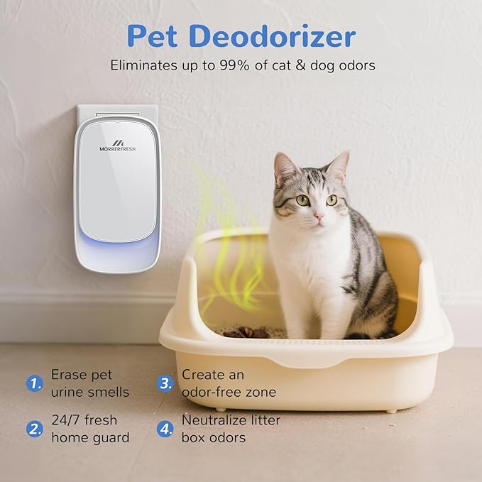 Morrerfresh Cat Litter Deodorizer – 99% Odor Eliminator for Strong Pet Odors, Plug In Negative Ion Air Purifier for Litter Box, Home, Kitchen, Bathroom, Ozone-Free & Quiet Portable (Unscented)