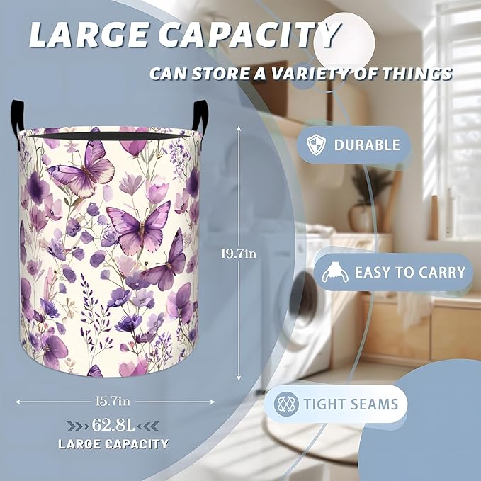 Watercolor Butterfly and Wildflowers Laundry Basket with Handles, 19.7"x15.7" Clothes Foldable Laundry Hamper Organizer for Dorm Nursery Bedroom Bathroom Decor, Toy Storage Bin for Kids