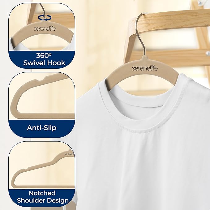 SereneLife 30 Pack Velvet Hangers – Non-Slip Clothes Hangers with Heavy Duty Design, Slim Space-Saving Coat Hangers with 360° Swivel Hook, Strong Lightweight Closet Organizer Set for Clothes (Ivory)