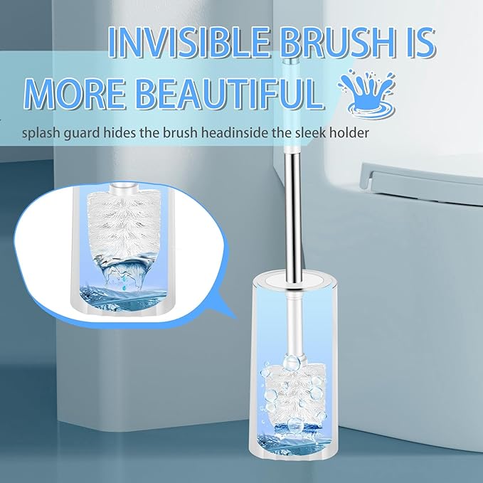 Toilet Brush and Holder Set, Compact Toilet Bowl Brush with Stainless Steel Handle, Hard Bristles, Drip-Proof, Easy to Assemble, Deep Cleaning White