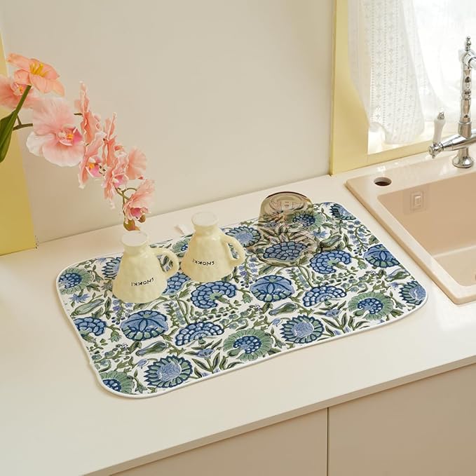 Vintage Blue Sage Green Floral Dish Drying Mat 18 x 24 Inch Boho Floral Drying Mat for Kitchen Counter Absorbent Flowers Dishes Dry Pad for Drainer Rack Kitchen Fast Dry