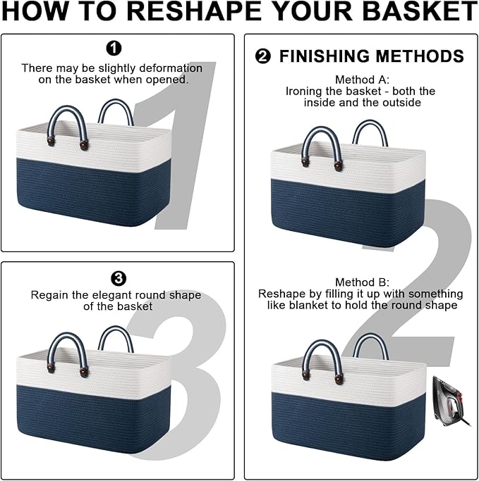 OIAHOMY 75L Large Blanket Basket, 22”x17”x12” Rectangle Woven Baskets For Storage, Nursery Blanket Storage Living Room, Toy Box With Long Handle-Gradient Blue With White