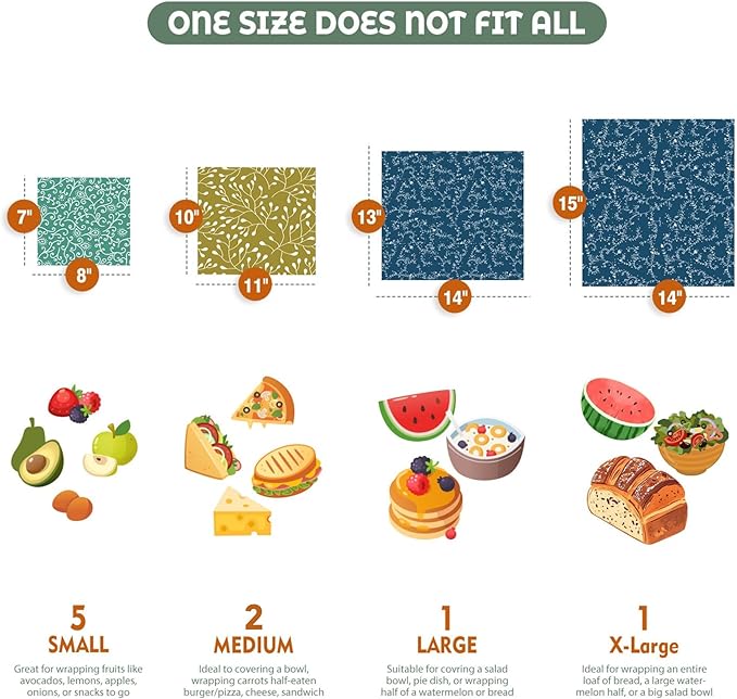 Akeeko Reusable Beeswax Food Wraps - Assorted 9 Packs, Reusable, Plastic-Free Food Storage, 5 Small, 2 Medium, 1 Large, 1 Extra Large Wraps with Abstract Curves Pattern