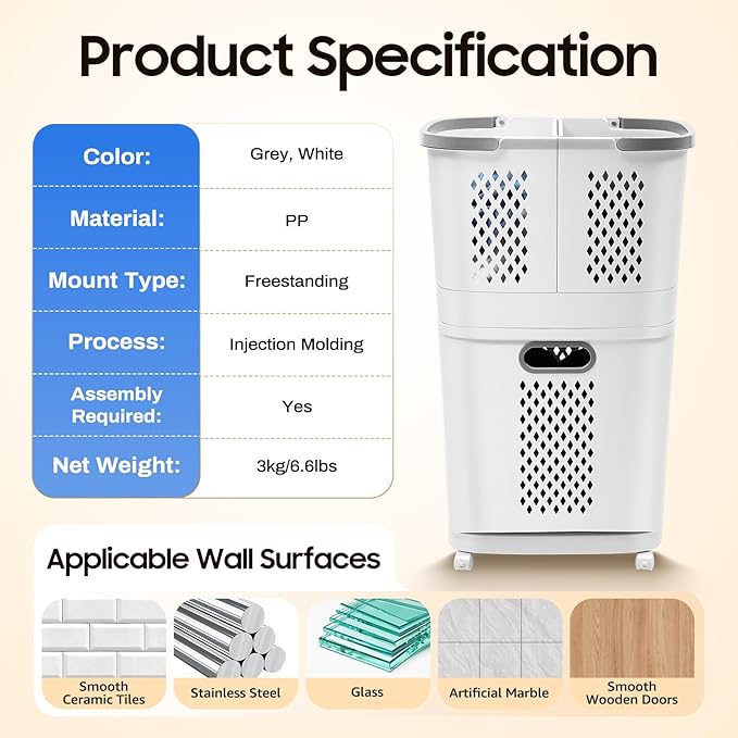 Laundry Basket, 2-Tier 3 Basket Shelf Movable Household Bathroom Rolling Cart Organizer Clothes Storage With 4 Wheels White For Kitchens, Bathrooms, Bedrooms, Dormitories, Classrooms, Laundry Rooms