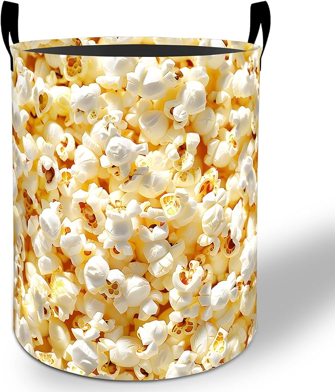 Popcorn Laundry Basket Hamper 19.7"x15.8", Fun Food Foldable Waterproof Oxford Clothes Storage Bucket for Room Bathroom Bedroom Nursery Decor, Toy Organizer Bins Gifts for Kids Boys Girls