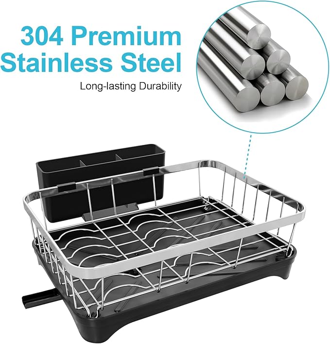 HOMEBOSILY Dish Drying Rack 304 Stainless Steel Dish Rack with Drainboard,Space Spaving Auto-Draining Drying Racks for Kitchen Counter,Large Capacity Dish Racks for Bowls, Cups, Dish Drainer Black