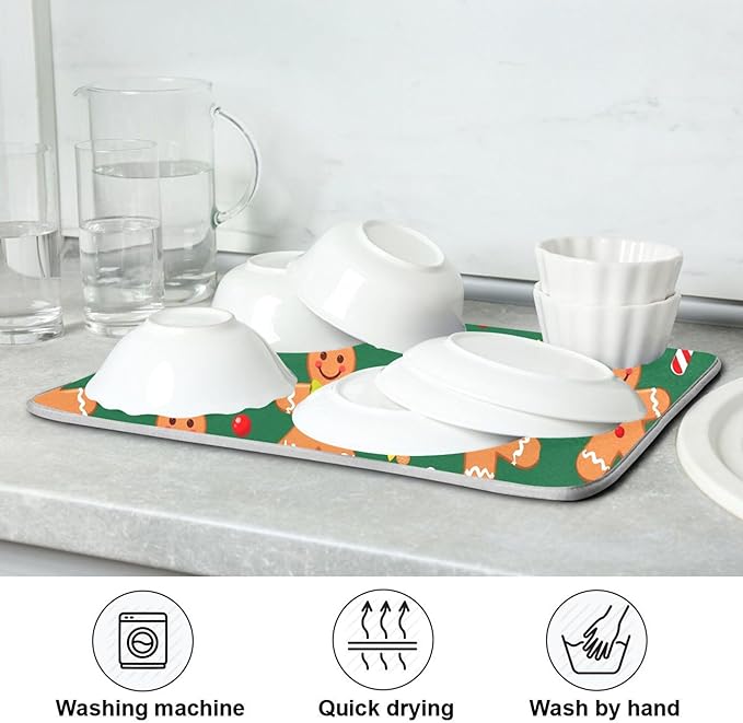 Christmas Gingerbread Man Dish Drying Mat for Kitchen Countertop 18x24 Winter Snowflake Candy Cane Green Large Drying Mat Reusable Quick Dry Dish Sink Mats Easy Clean Decorative Essentials