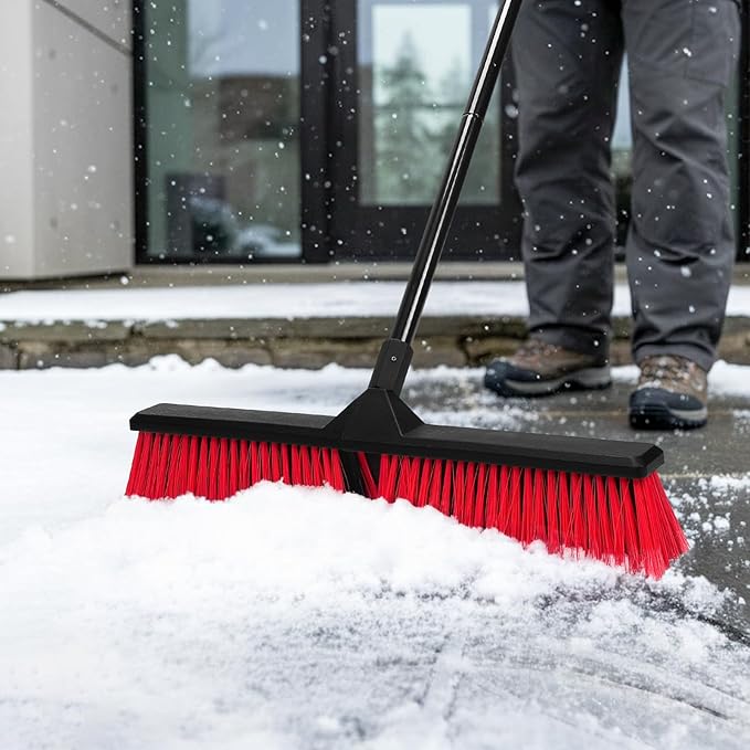24" Push Broom with 63" Long Handle, Heavy Duty Broom for Floor Sweeping, Stiff Bristles Push Broom Brush for Workshop, Garage, Concrete, Patio and Deck