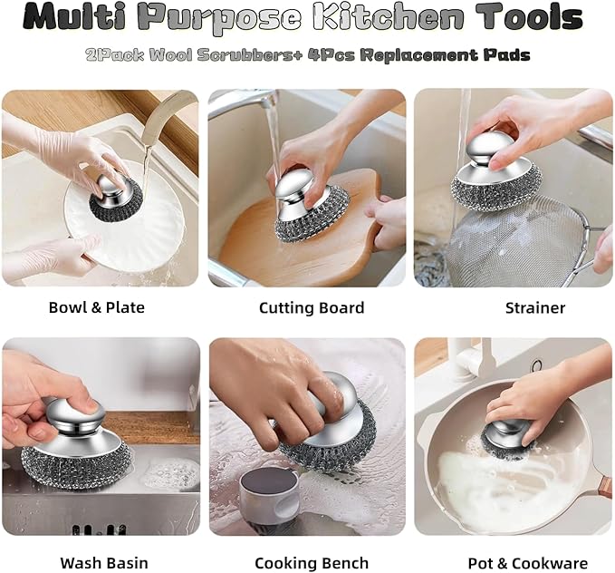 Ahasyyinan 6 Pcs Steel Wool Scrubber, Stainless Steel Scrubber Pads for Cleaning Dishes, Cast Iron, Grill, Stove, Oven, Sink, Stubborn Messes (2 Scrubber + 4 Pads)