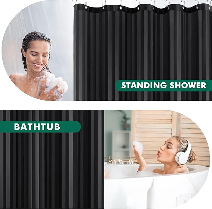 Biscaynebay Fabric Shower Curtain or Liner 72" by 72", Black Water Repellent Damask Stripes Bathroom Curtains Machine Washable