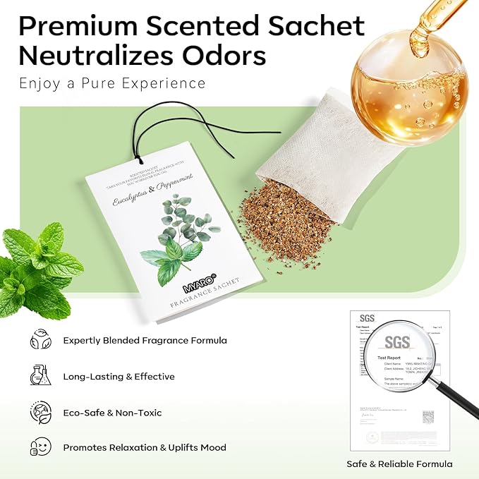 MYARO 12 Packs Eucalyptus Mint Scented Sachets for Drawer and Closet, Long-Lasting Closet Sachet Bags Drawer Deodorizers Fresh Scents, Home Fragrance Air Freshener