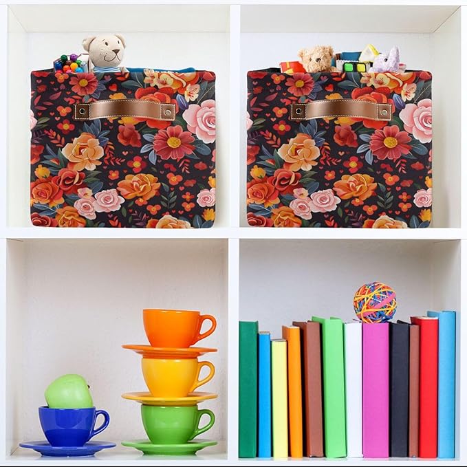 ALAZA Beautiful Flower Floral Print Foldable Storage Box Storage Basket Organizer Bins with Handles for Shelf Closet Living Room Bedroom Home Office 2 Pack