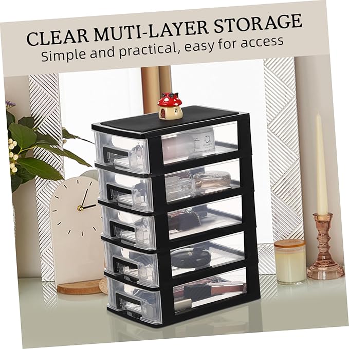 Multifunctional Five-layer Storage Cabinet Plastic Drawer Type Closet 5 Drawer Storage Tower Container Case with Clear for Home 8.3x5.9x12.3inch Black