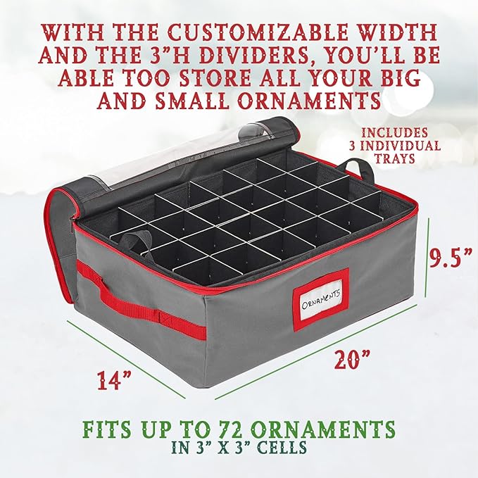 HOLDN’ STORAGE Christmas Ornament Storage Box with Dividers - Fits 72-3” Ornaments, 3 Removable Trays, Durable & Space-Saving, Clear Top Lid, Convenient Storage Designed, Grey