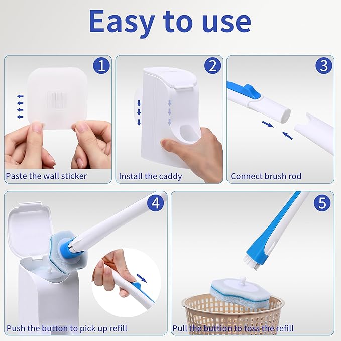 DALIPER Disposable Toilet Brush with 40PCS Refills, Wall Mounted Compact Bathroom Bowl Wand Cleaning System Long Handle with Storage Caddy
