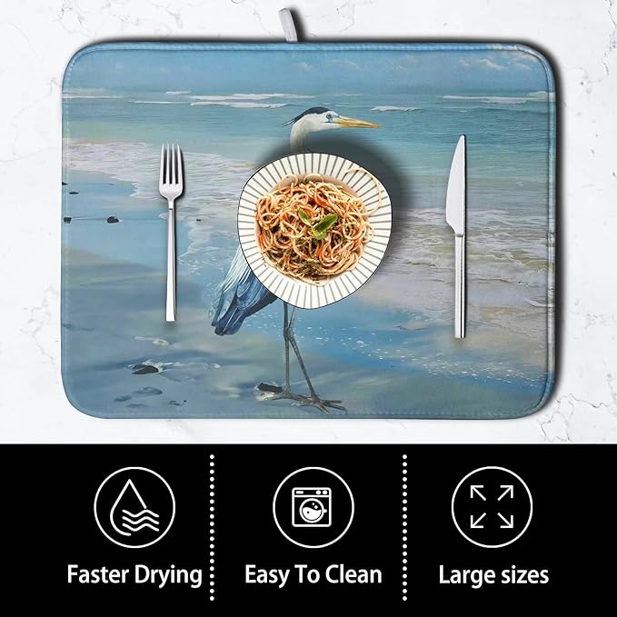 Kwlegh Summer Blue Dish Drying Mat for Kitchen Counter 18x24 Inch Heron Coastal Beach Drying Mats Nautical Ocean Bird Dishes Drainer Mats Microfiber Absorbent Dish Rack Pad