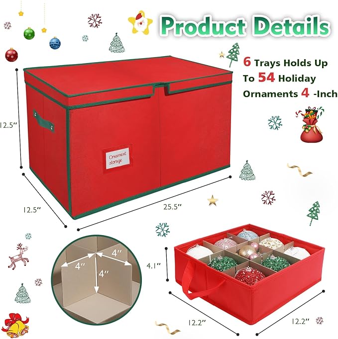Large Christmas Ornament Storage Box with 6 Drawer Style Trays Fits 54 of 4" Ornament Balls - Side Opening, Christmas Container Perfect for Holiday Decorations, 600D Oxford Fabric Tear-Proof