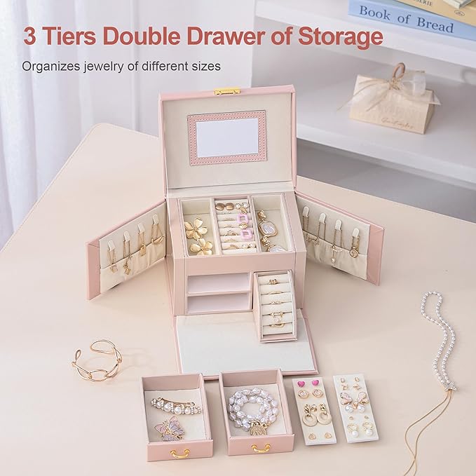 CASEGRACE Jewelry Box Organizer for Women Girls, Three Layer Jewelry Storage Box with Mirror PU Leather Jewelry Display Case for for Bracelets, Earrings, Rings, Necklaces,Pink