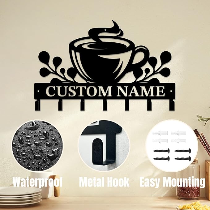 Personalized Custom Name Coffee Bar Wall Keys Hooks,Metal Coffee Shop Art Clothes Hooks,Metal Coffee Lover Wall Home Storage Decorative,For Front Door, Hallway, Kitchen, Bedroom,Keys,Hats (Style A)