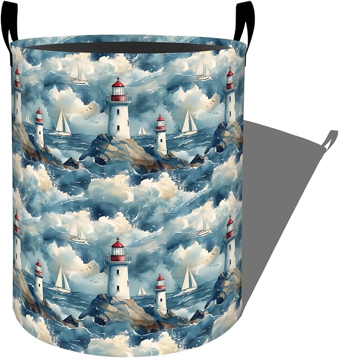 Nautical Lighthouse with Sailboat Scene Laundry Basket with Handles, 19.7"x15.7" Clothes Foldable Laundry Hamper Organizer for Dorm Nursery Bedroom Bathroom Decor, Toy Storage Bin for Kids
