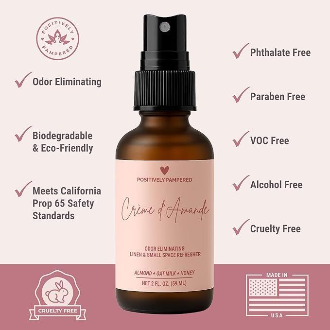 Crème d’Amande Luxury Small Space Air & Linen Freshener Spray - Almond + Oat Milk + Honey - Artisan Blended Home Fragrance - Non Toxic Odor Eliminator - 2 oz Travel Size Room Spray