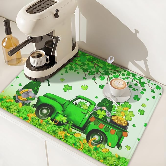 Kwlegh St Patrick's Day Shamrock Dish Drying Mat for Kitchen Counter Green Gnome Truck Dish Dry Mat St Patrick Spring Drying Mats Microfiber Absorbent Dish Drainer Rack Mat Large 18x24 Inch