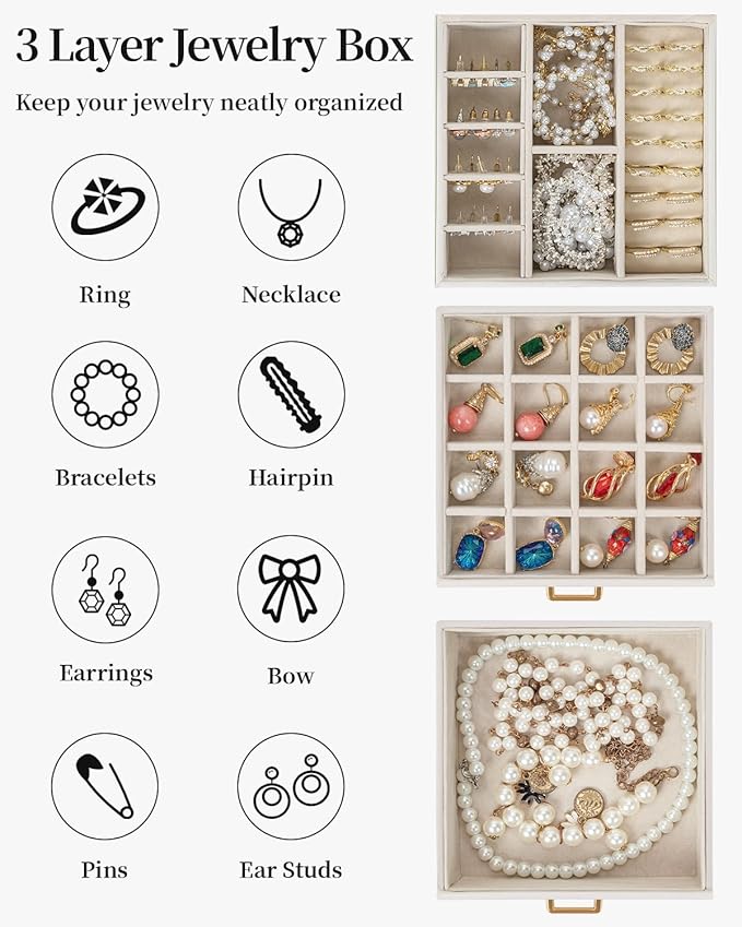 TORIBIO Jewelry Box for Women, Leather Jewelry Organizer with Mirror & Lock, 3-Tier Jewelry Storage Organizer with 2 Drawers for Girls/Women/Mothers, Necklace Earring Bracelets Holder Organizer