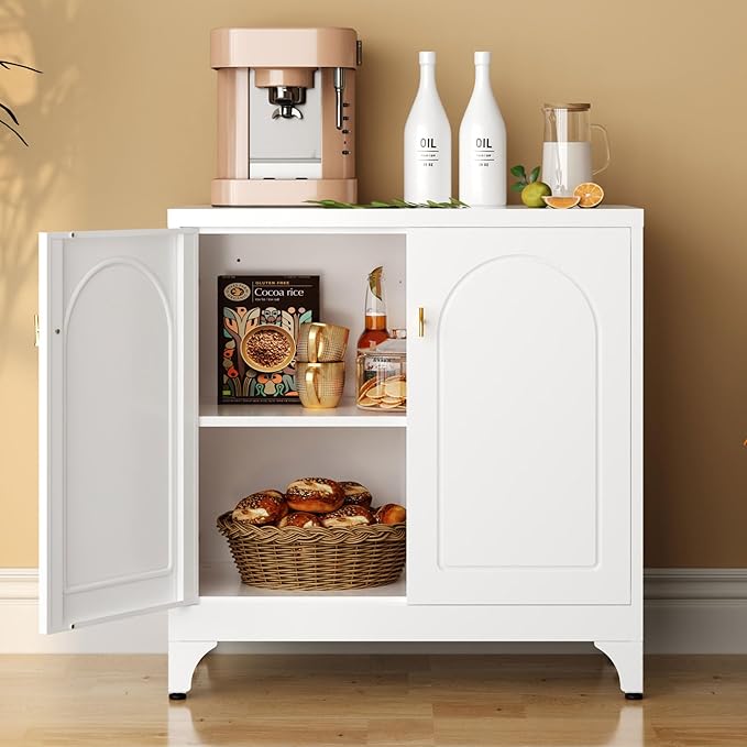 Buffet Cabinet with Storage, 33" H Side Board Storage Cabinet with Doors and Shelves, Metal Sideboard Cabinets for Dining Room, Living Room, White