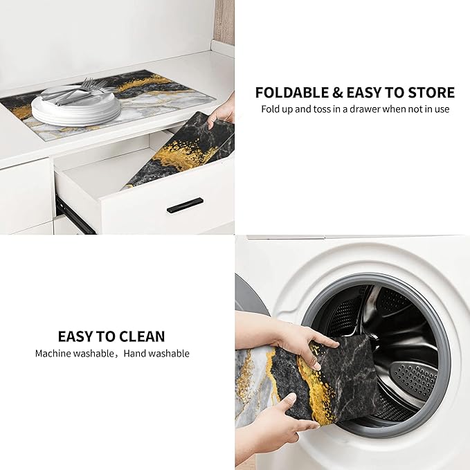 Gold and Black Grey Kitchen Drying Mat Black Gold Marble Decor Microfiber Dish Drainer Mat for Kitchen Counter Absorbent Reusable Washable 18x24 Inch