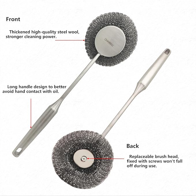 CHAXIDU Stainless Steel Wool Scrubber Set, Long Handle & Handle Brushes,Metal Brush for Pots, Pans, Grills & Cutlery Cleaning (3 Pack)