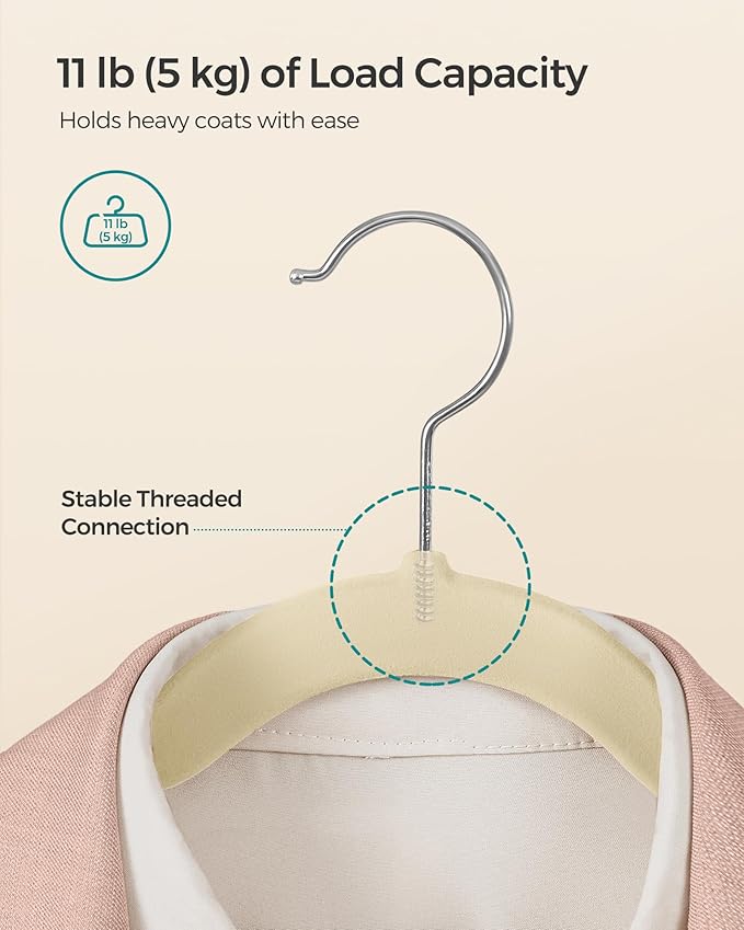 SONGMICS Velvet Hangers 50 Pack, Non-Slip Clothes Hangers, Suit Hangers with Shoulder Notches, Pants Bar, 360° Swivel Hook, Space-Saving, for Closet, Sand Beige UCRF029K05