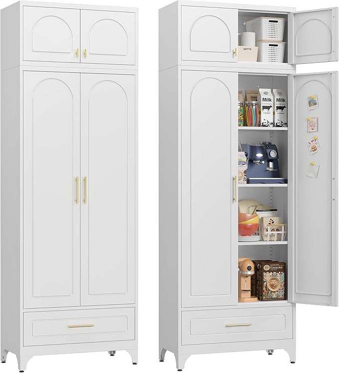 90" Pantry Kitchen Cabinet with Drawer, 75" Pantry Cabinets with 15" Cabinets, Freestanding Kitchen Storage Cabinet for Dining Room, Living Room, Alacena para Cocina, Assembly Required, White