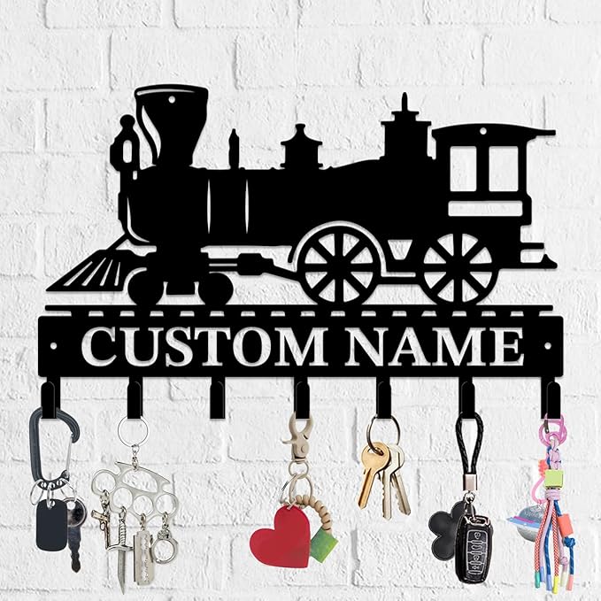 Personalized Train Metal Keys Hooks,Custom Name Metal Train Keys Hooks,Black Metal Train Wall Home Storage Decorative Keys Hooks,Key Holder Hooks for Wall (Style E)