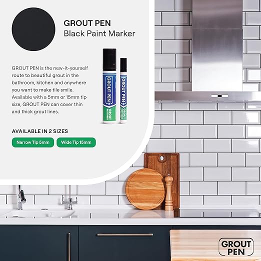 Grout Pen Black Tile Paint Marker: Waterproof Grout Paint, Tile Grout Colorant and Sealer Pen - Black, Wide 15mm Tip (20mL)
