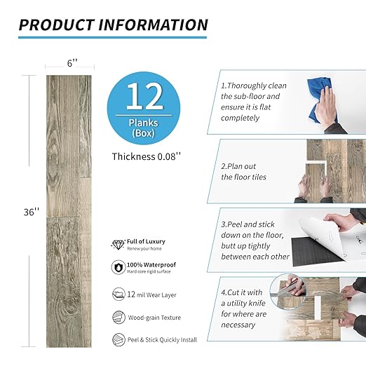 Art3d Peel and Stick Floor Tile Vinyl Wood Plank 12-Pack 18 Sq.Ft, Aged Wood, Rigid Surface Hard Core Easy DIY Self-Adhesive Flooring