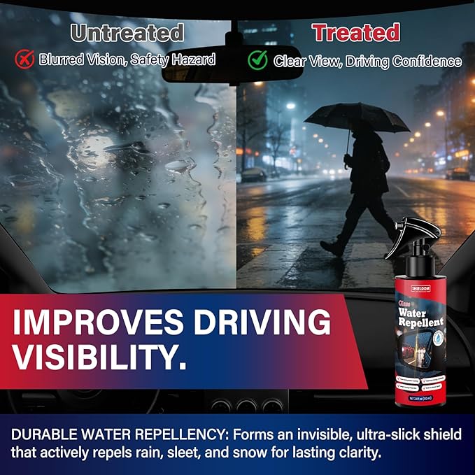 SHIELDOM Water Repellent Spray Car Windshield Rain Repellent Exterior Glass Treatment Waterproof Hydrophobic Coating for Clear Vision on Automotive Glass, Windows, Mirrors, Helmets 100ml/3.4fl oz