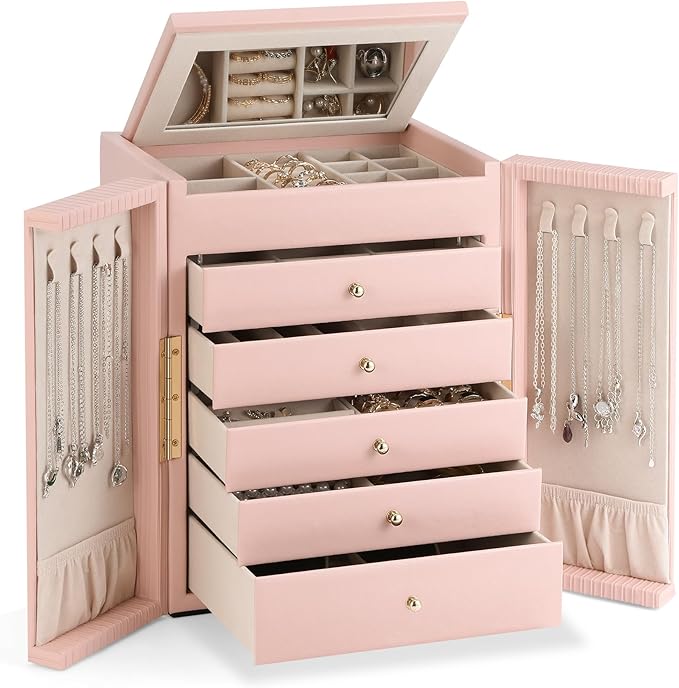 Dajasan Jewelry Box for Girls Women, 6-Tier Large Jewelry Organizer Box, Jewelry Storage Organizer, Jewelry Gift Box for Christmas, Valentine's Day, Birthday, Mother's Day (Pink)