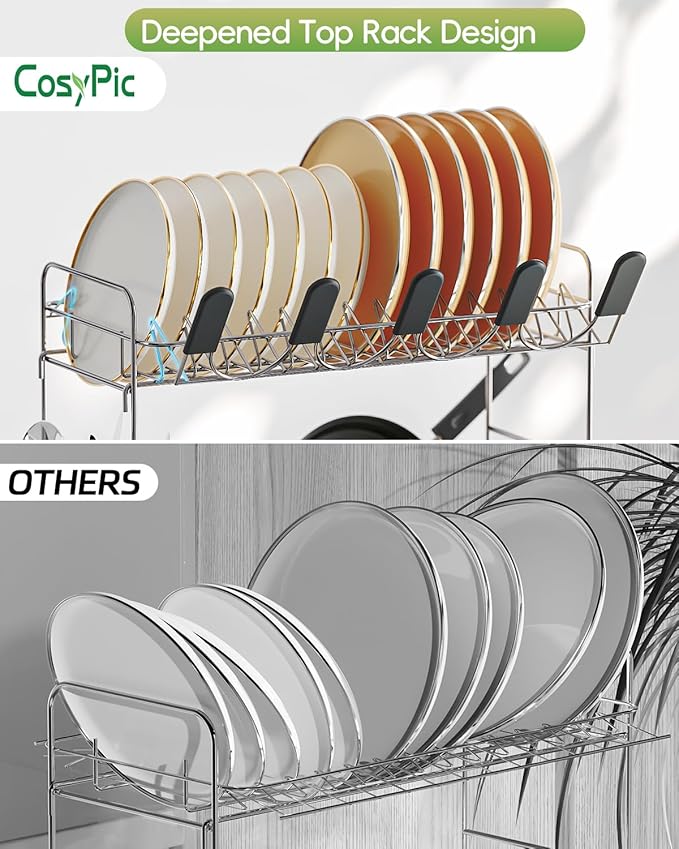 CosyPic 2 Tier Dish Drying Rack, Thicker Premium 304 Stainless Steel Dish Racks for Kitchen Counter, Automatic Drainage Spout, Dish Drainer & Drainboard Set with Utensil Holder and Cup Holder, Black
