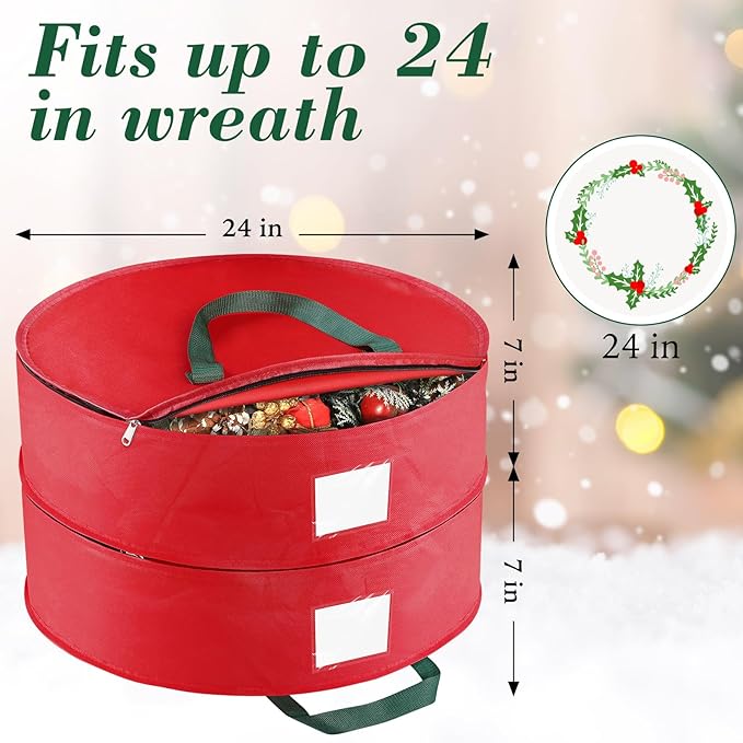 Wreath Storage Container, Christmas Wreath Storage Bags for 2 Wreath with Dual Zipper and Handles, Dust, Pest Protection,Holiday Wreaths Storage Holder 24” (RED)