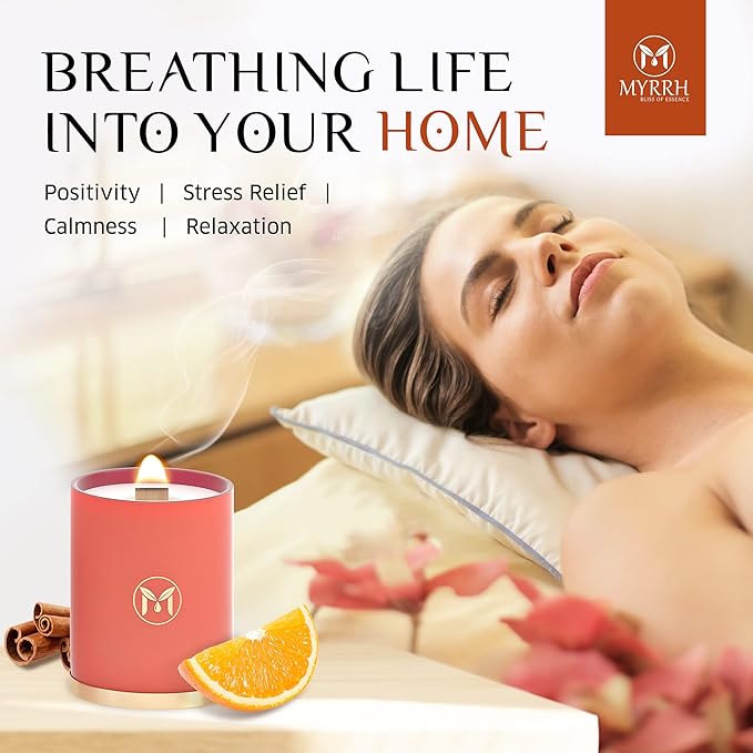 MyrrhUSA Orange Cinnamon Scented Candle – 15oz Natural Soy Wax with Crackling Wooden Wick & Essential Oil | 80 Hour Burn | Luxury Aromatherapy Candle for Relaxation, Home Décor, Living Room & Bathroom