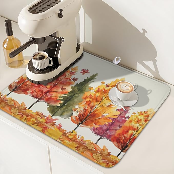 Fall Maple Leaves Dish Drying Mat for Kitchen Counter 18x16 Inch Watercolor Autumn Drying Mat with Absorbent Reversible Microfiber Orange Dish Drainer Mats Rack Pad for Coffee Countertop Protector