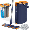 HoMettler Mop and Bucket Set with Wringer, 3-Tank Flat Mop and Bucket System, Wall Mop Cleaner with Long Handle, Hands Free Mops for Floor Cleaning with 6 Microfiber Pads