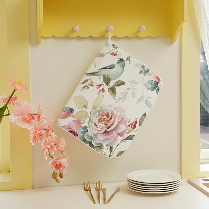 Floral Dish Drying Mat 18x24 Inch Watercolor Flower Bird Drying Mat Spring Summer Seasonal Absorbent Dish Drying Pad Dish Rack Drainer Mats for Kitchen Dining Counter