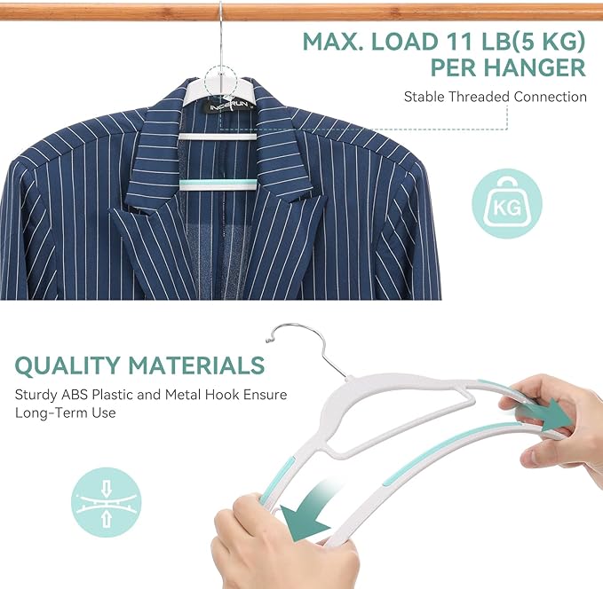 Pack of 50 Coat Hangers, Space-Saving Plastic Clothes Hangers, Non-Slip, 0.2 Inches Slim, 360° Swivel Silver Hook for Shirts, Pants, Suit & Wet/Dry Garments, Blue and White